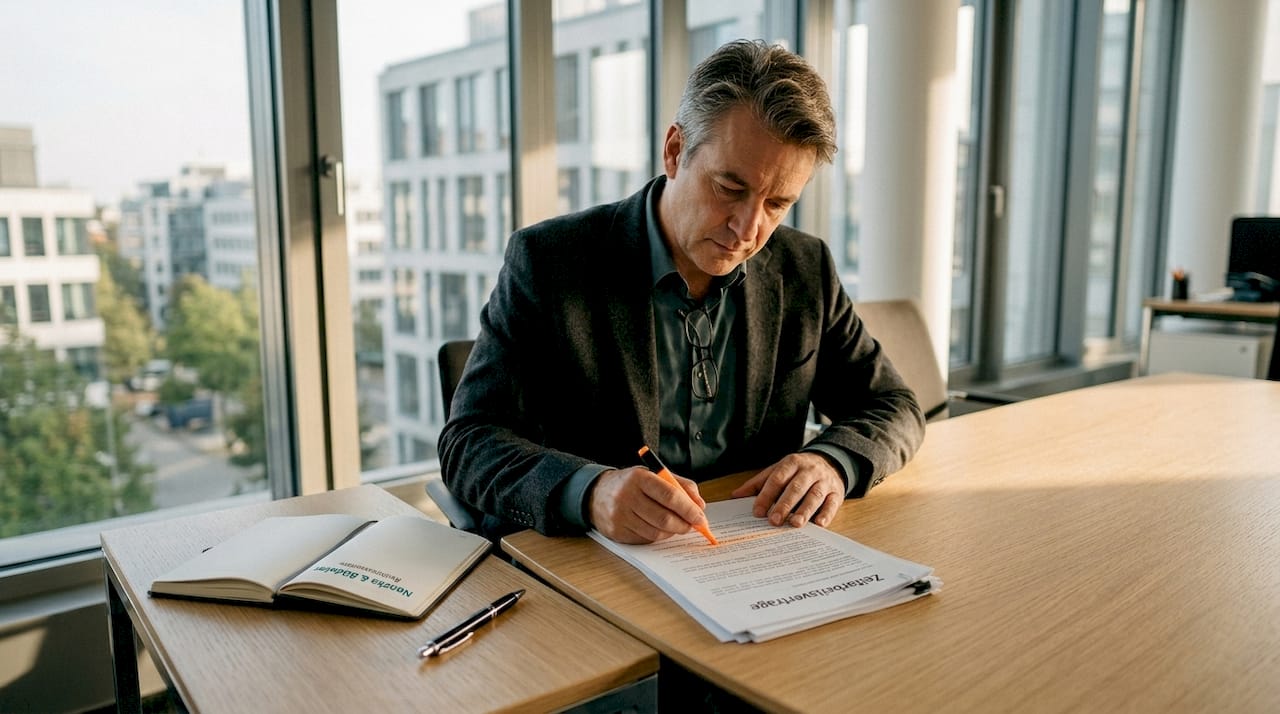 Ein Personalmanager nimmt am Schreibtisch die aktuellen Zeitarbeitsverträge genau unter die Lupe.