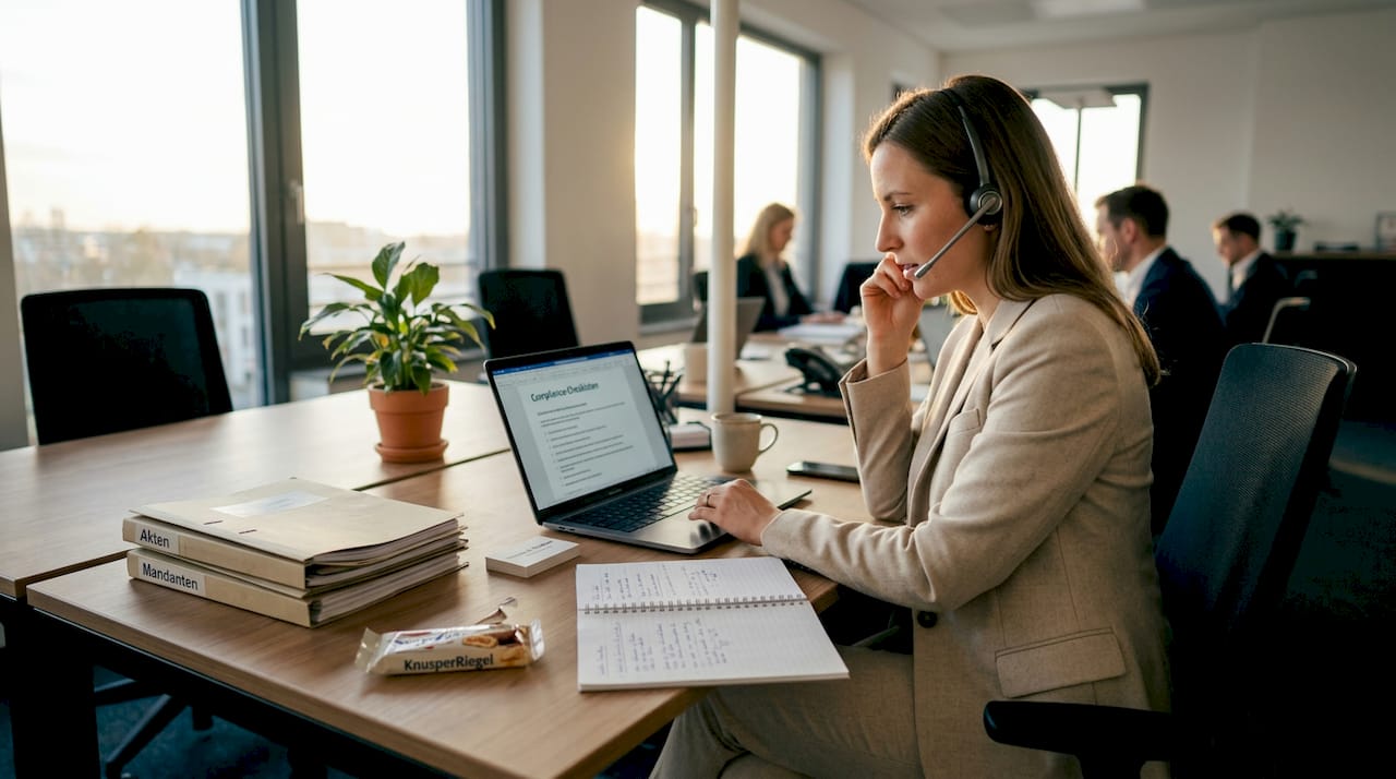 Eine Mitarbeiterin überprüft im Büro sorgfältig die Compliance-Checkliste, um sicherzustellen, dass alle Vorgaben eingehalten werden.