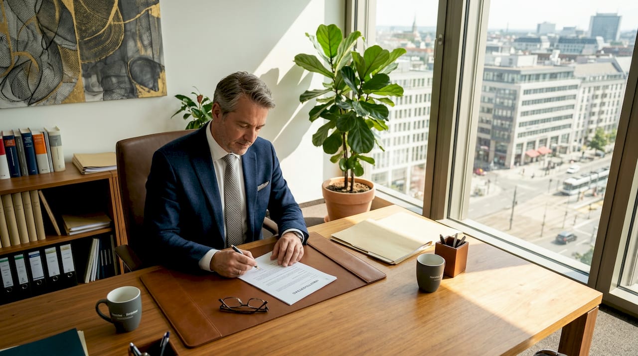 Ein Personaler nimmt im Büro den Arbeitsvertrag genau unter die Lupe.