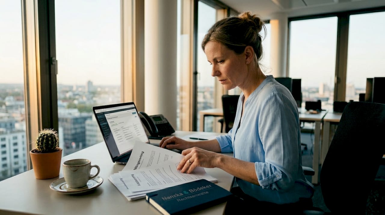 Eine Personalmanagerin prüft Unterlagen am Schreibtisch im Büro.