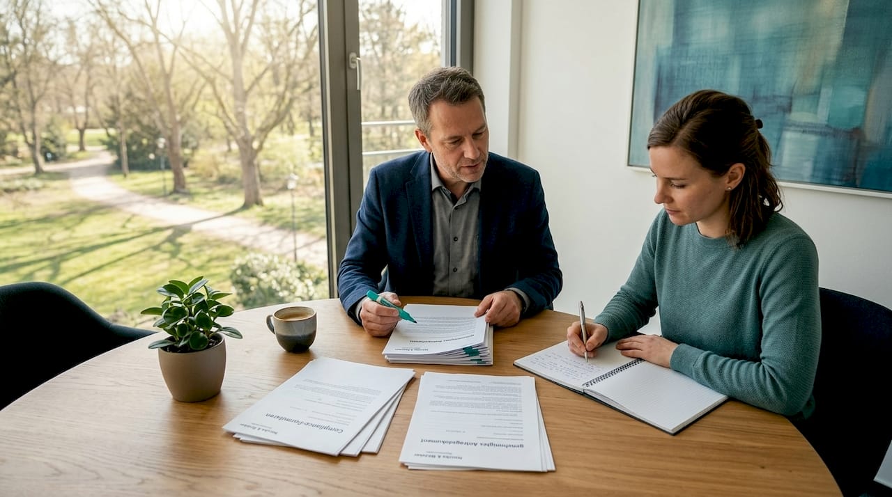 Besprechung zu Compliance-Unterlagen in einem lichtdurchfluteten Büro