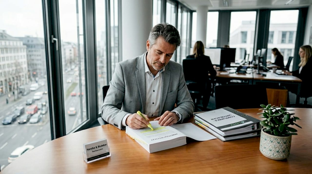 Eine Personalmanagerin prüft am Konferenztisch die Unterlagen zur Einhaltung gesetzlicher Vorgaben.