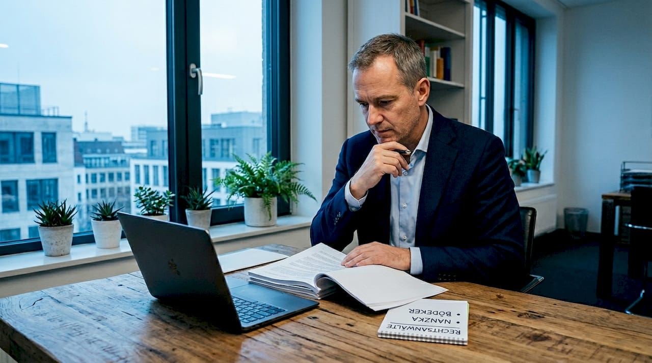 Ein Manager sitzt an seinem Schreibtisch und prüft sorgfältig rechtliche Unterlagen.