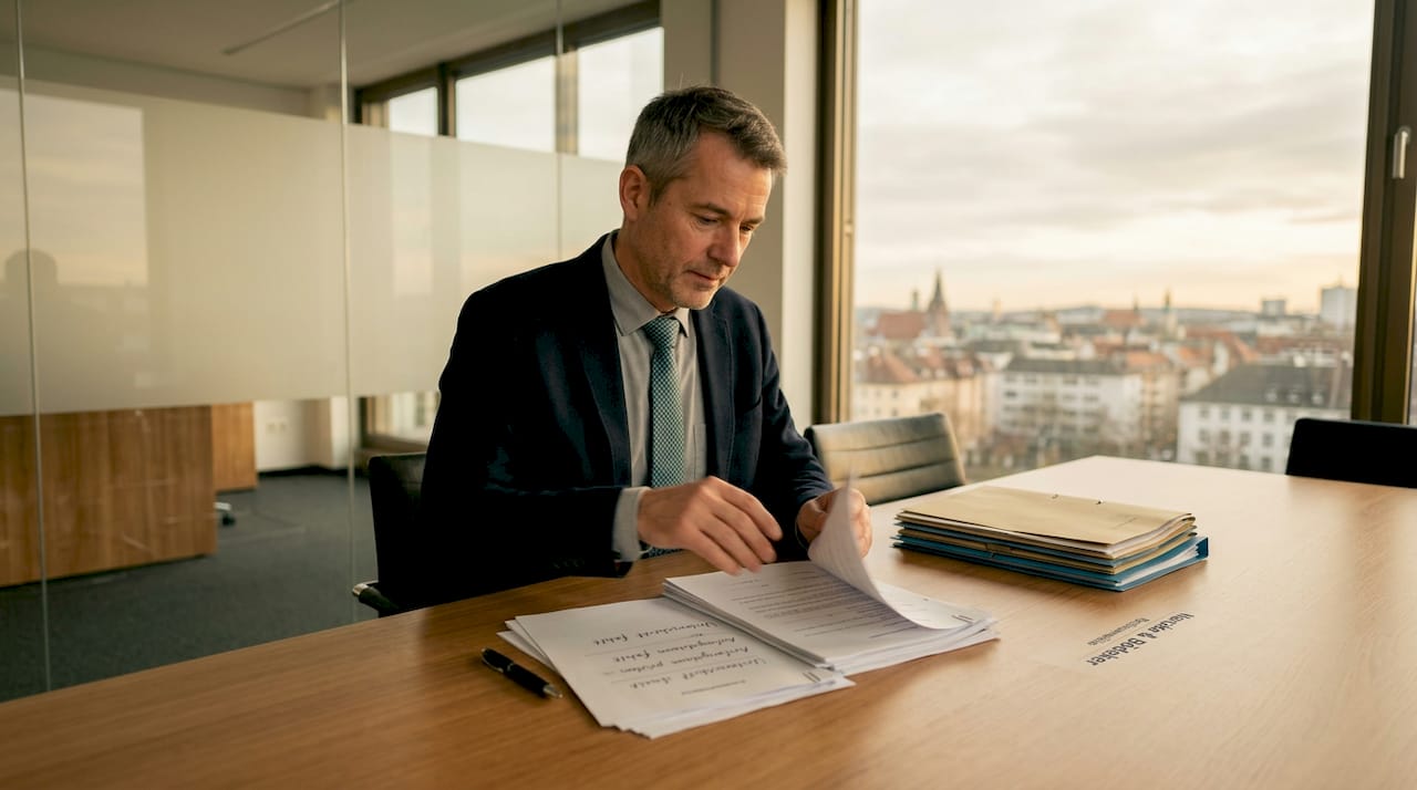 Ein HR-Sachbearbeiter geht am Schreibtisch sorgfältig Arbeitsverträge durch.