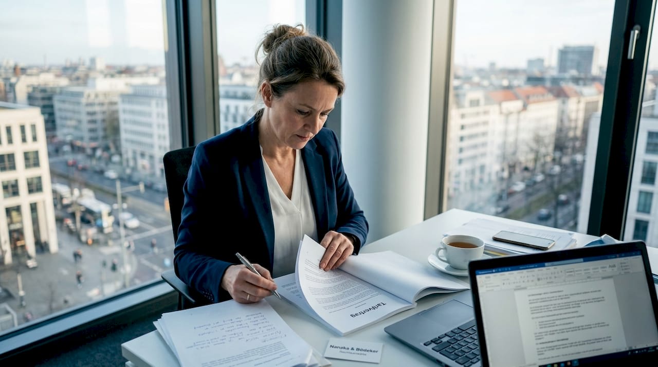 Eine Personalmanagerin prüft die aktuellen Tarifvertragsunterlagen auf ihre Relevanz und Auswirkungen für das Unternehmen.