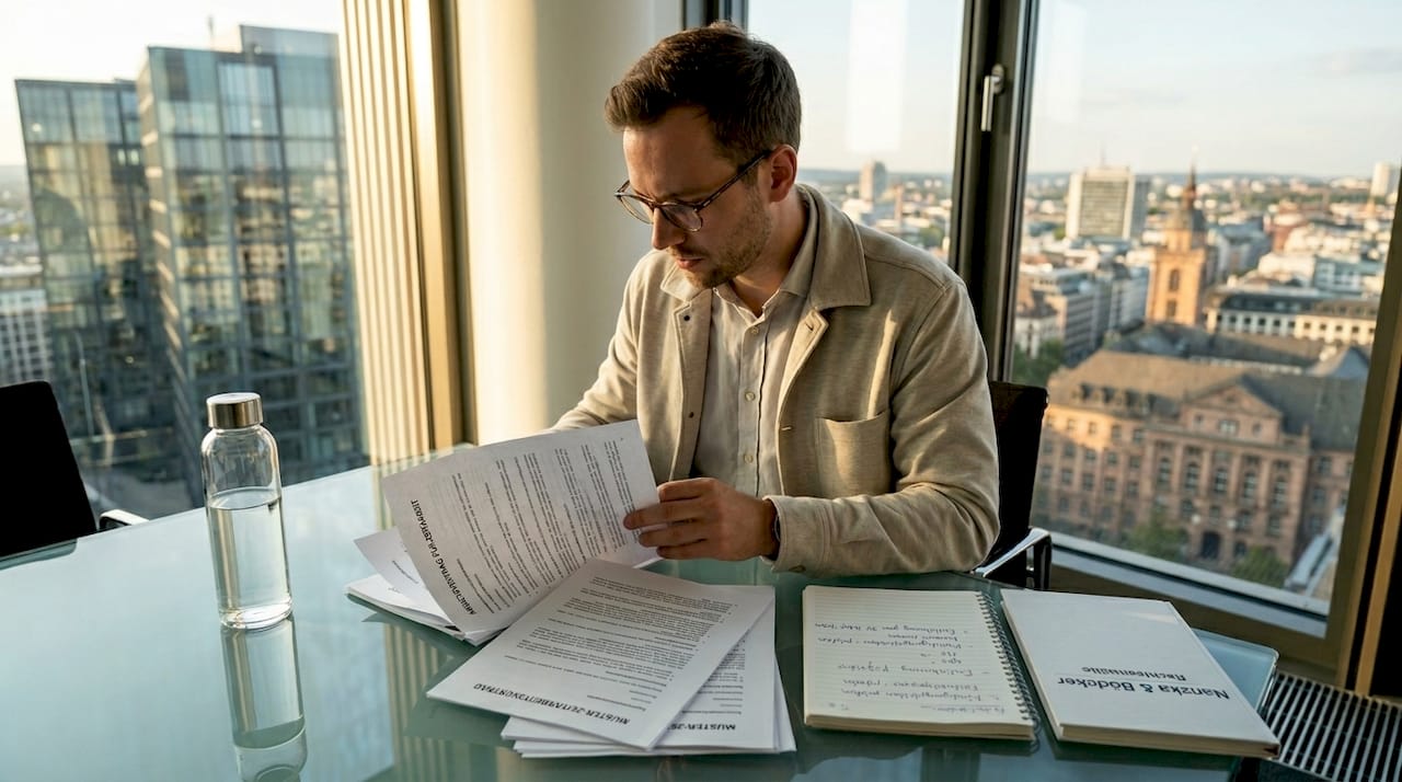 Jurist prüft Verträge am Schreibtisch im Büro.