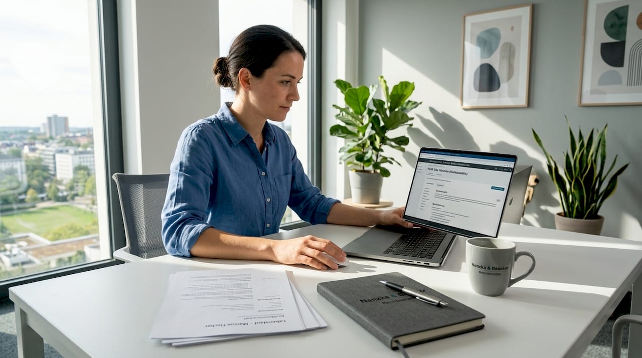Ein Recruiter sitzt im Büro und arbeitet konzentriert am Laptop.