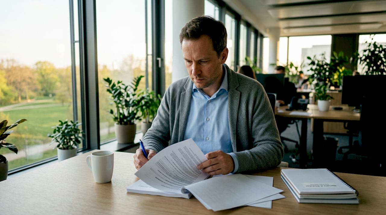 Der Datenschutzbeauftragte prüft die Einhaltung der Datenschutzvorgaben anhand von Unterlagen.