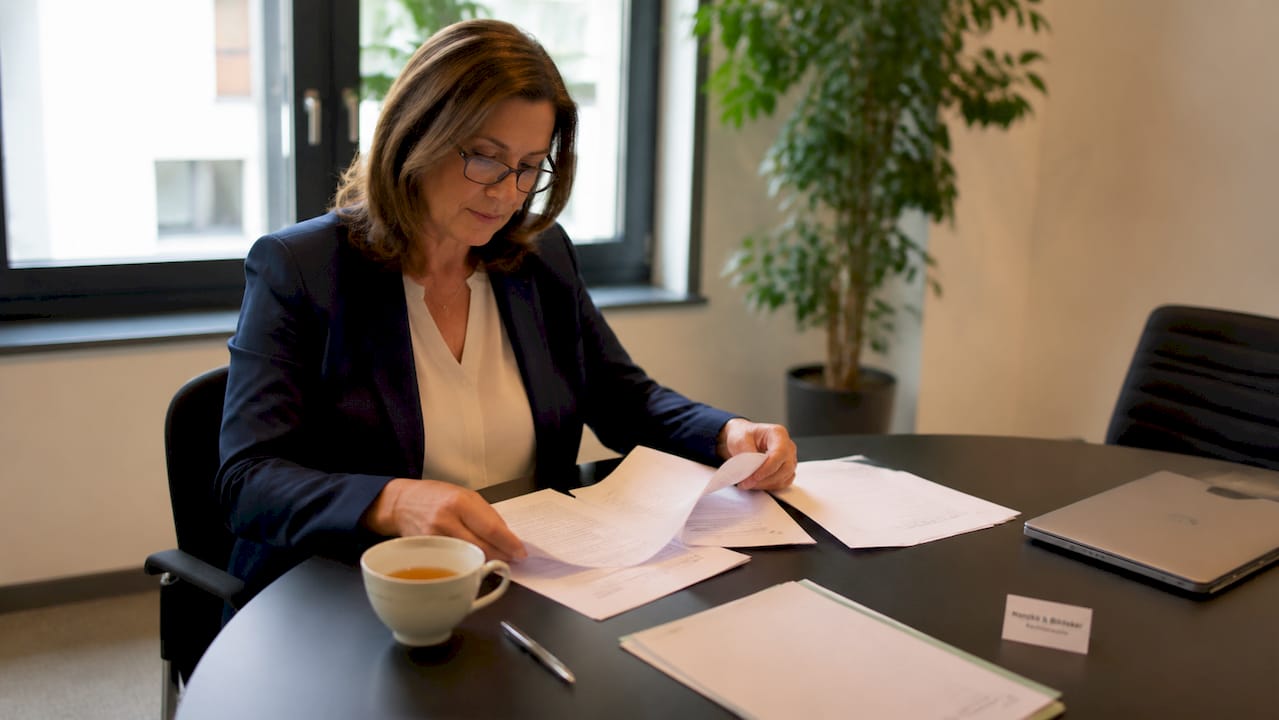 Eine Frau prüft Verträge zur Arbeitnehmerüberlassung auf rechtliche Aspekte.