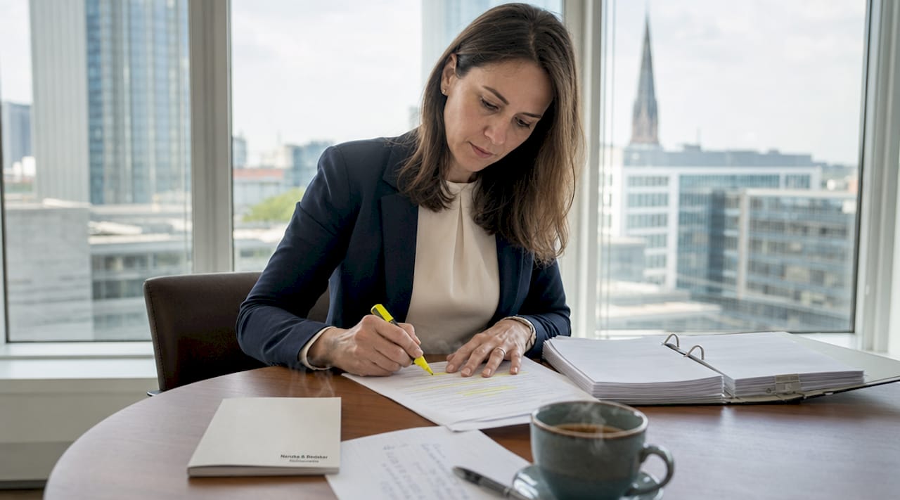 Eine Frau sitzt an ihrem Schreibtisch und geht sorgfältig juristische Unterlagen durch.