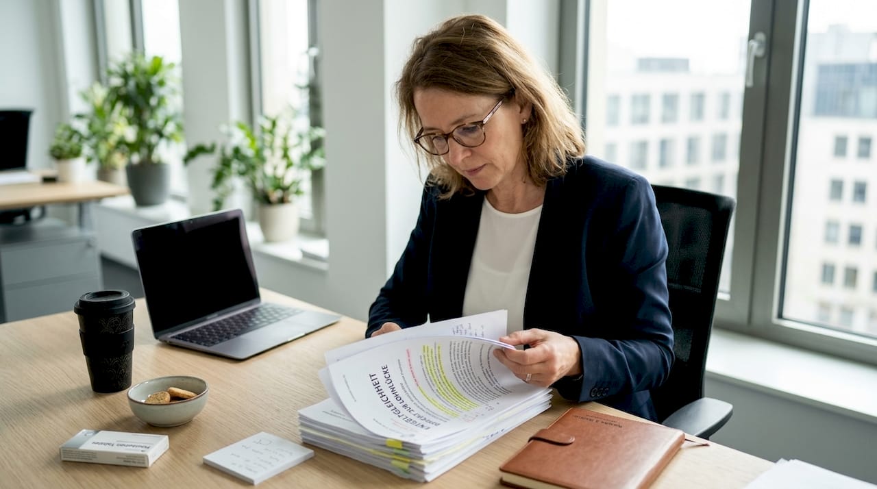 Eine Frau prüft Unterlagen zum Thema Gleichbezahlung.