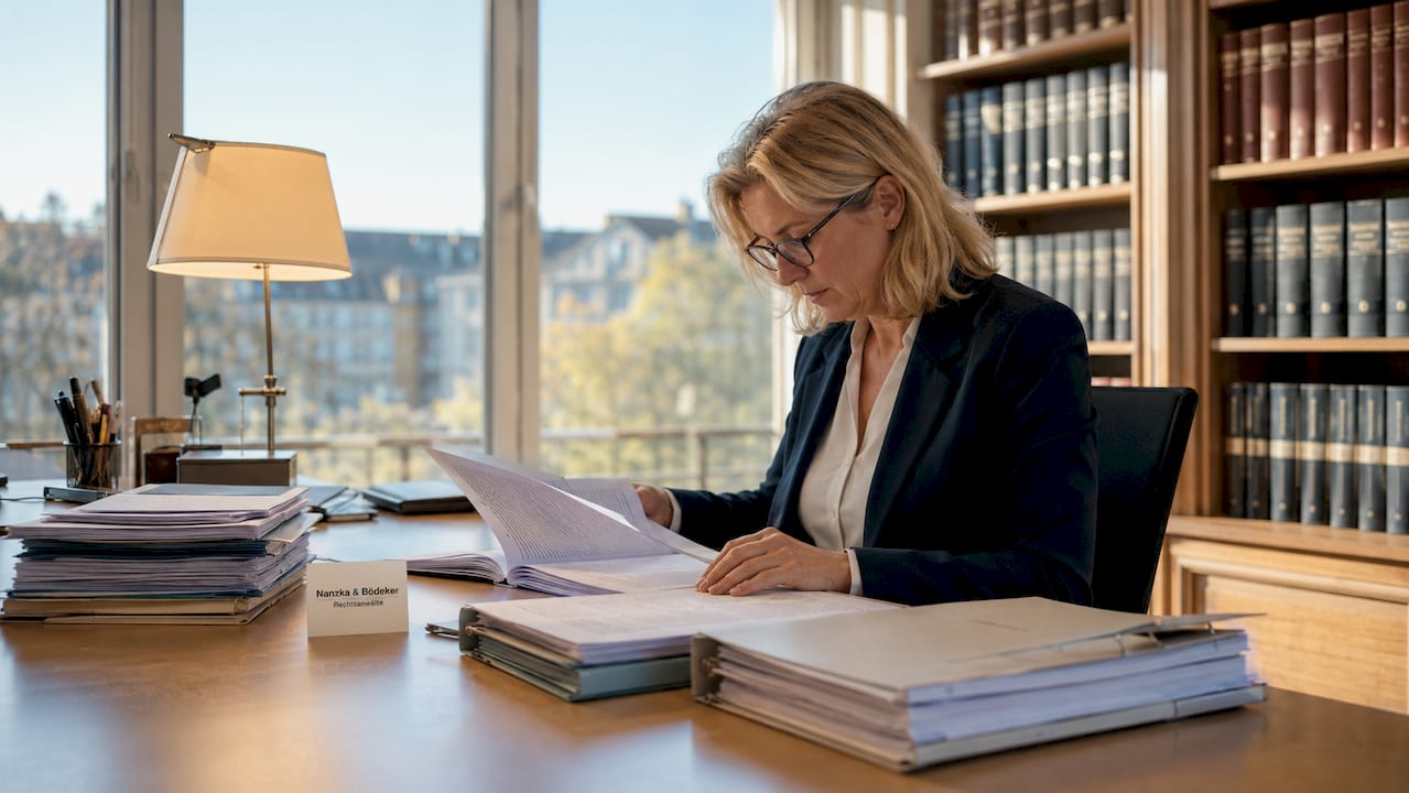 Eine Rechtsanwältin prüft Unterlagen zum Arbeitsgerichtsverfahren an ihrem Schreibtisch.
