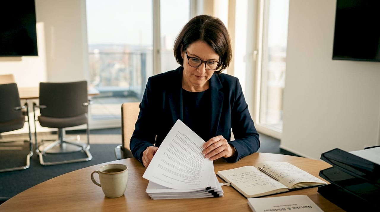 Eine Compliance-Beauftragte prüft am Schreibtisch die Unterlagen zum Arbeitnehmerüberlassungsgesetz.