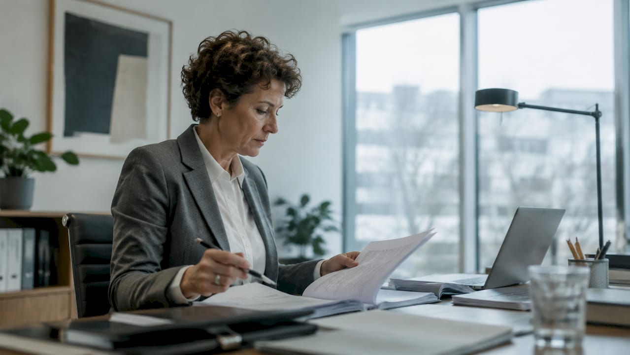 Eine Rechtsanwältin prüft in ihrem Büro sorgfältig Verträge.