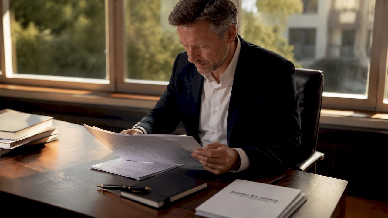 Ein Mann sitzt im Büro und prüft aufmerksam seinen Arbeitsvertrag.