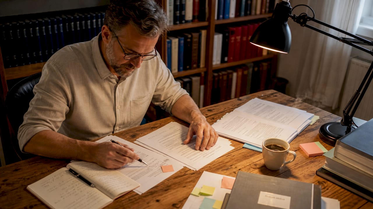 Ein Mann macht sich mit den Vorschriften des Arbeitnehmerüberlassungsgesetzes vertraut.