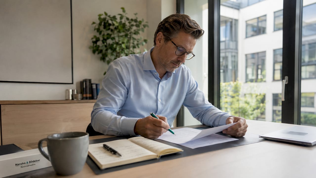 Ein Anwalt nimmt die Vertragsunterlagen eines Dreiecksverhältnisses genau unter die Lupe.