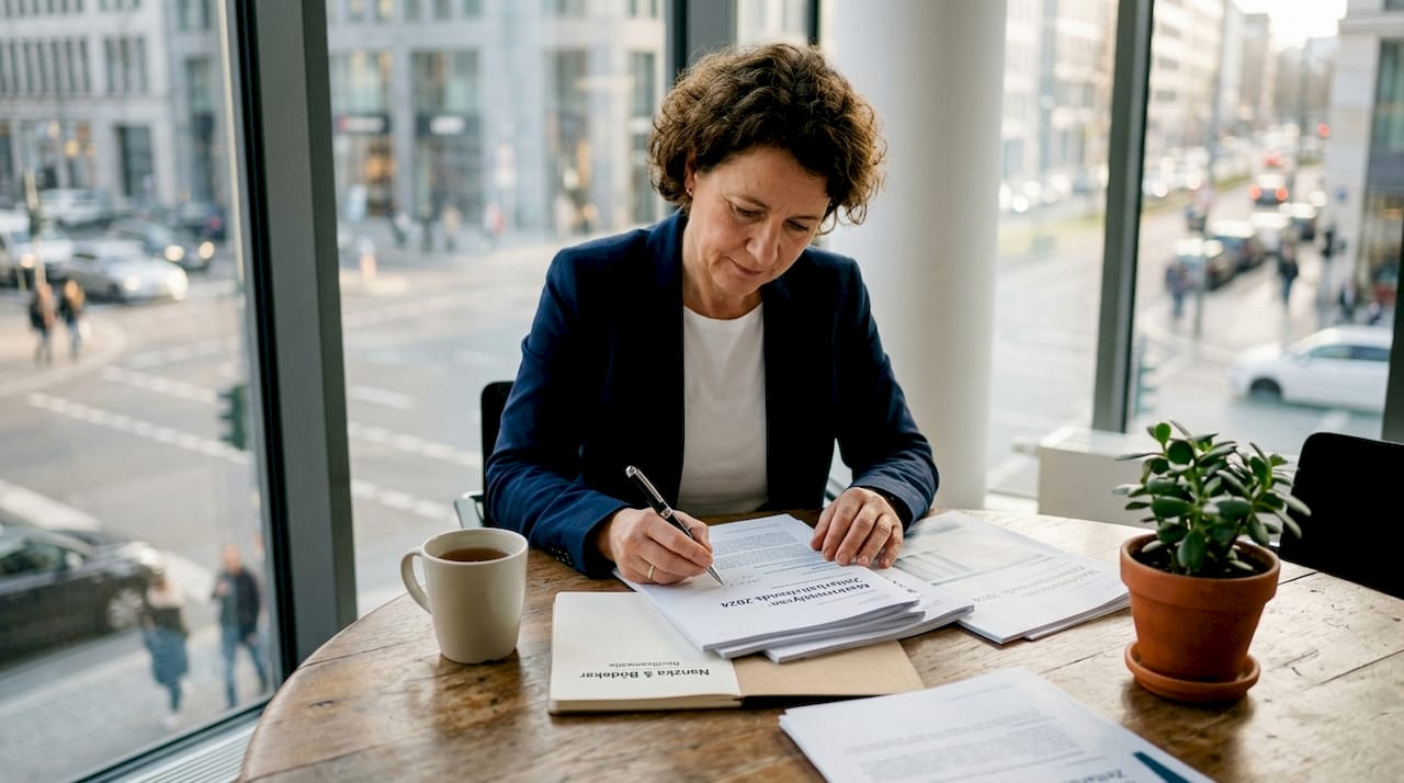 Eine Frau beschäftigt sich mit aktuellen Marktanalysen zum Thema Zeitarbeit.
