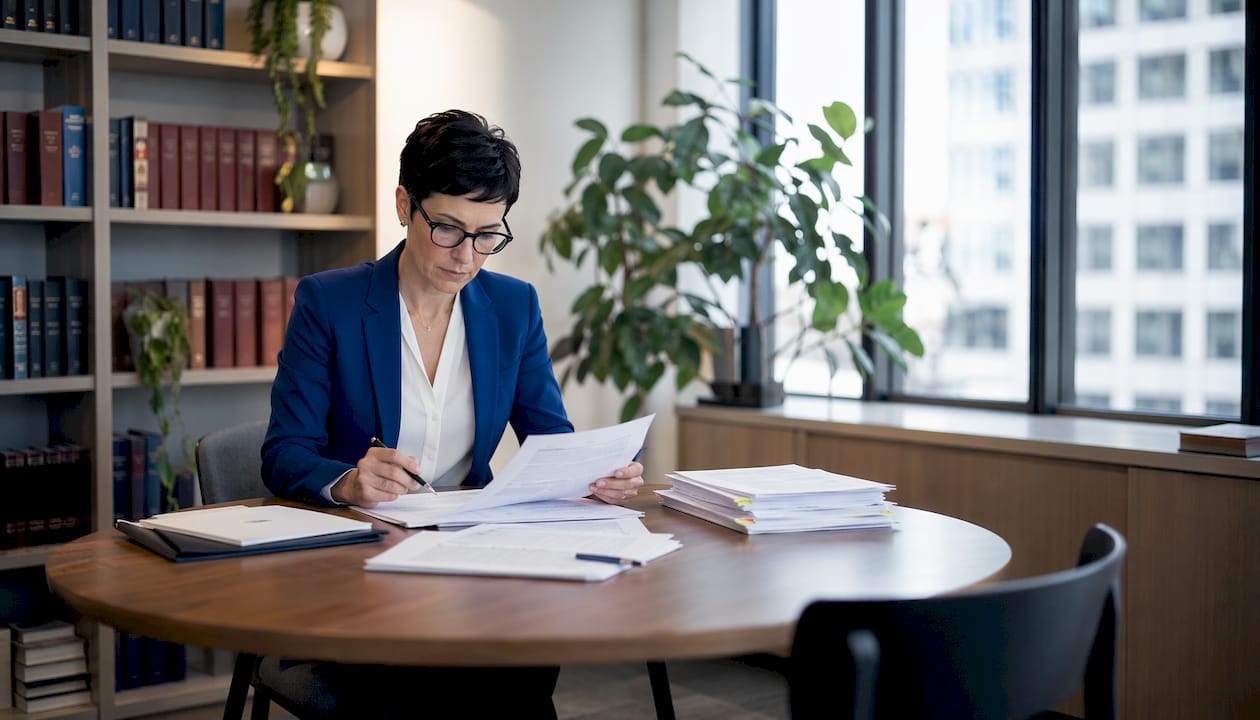Eine Frau prüft Unterlagen zum internationalen Arbeitsrecht.