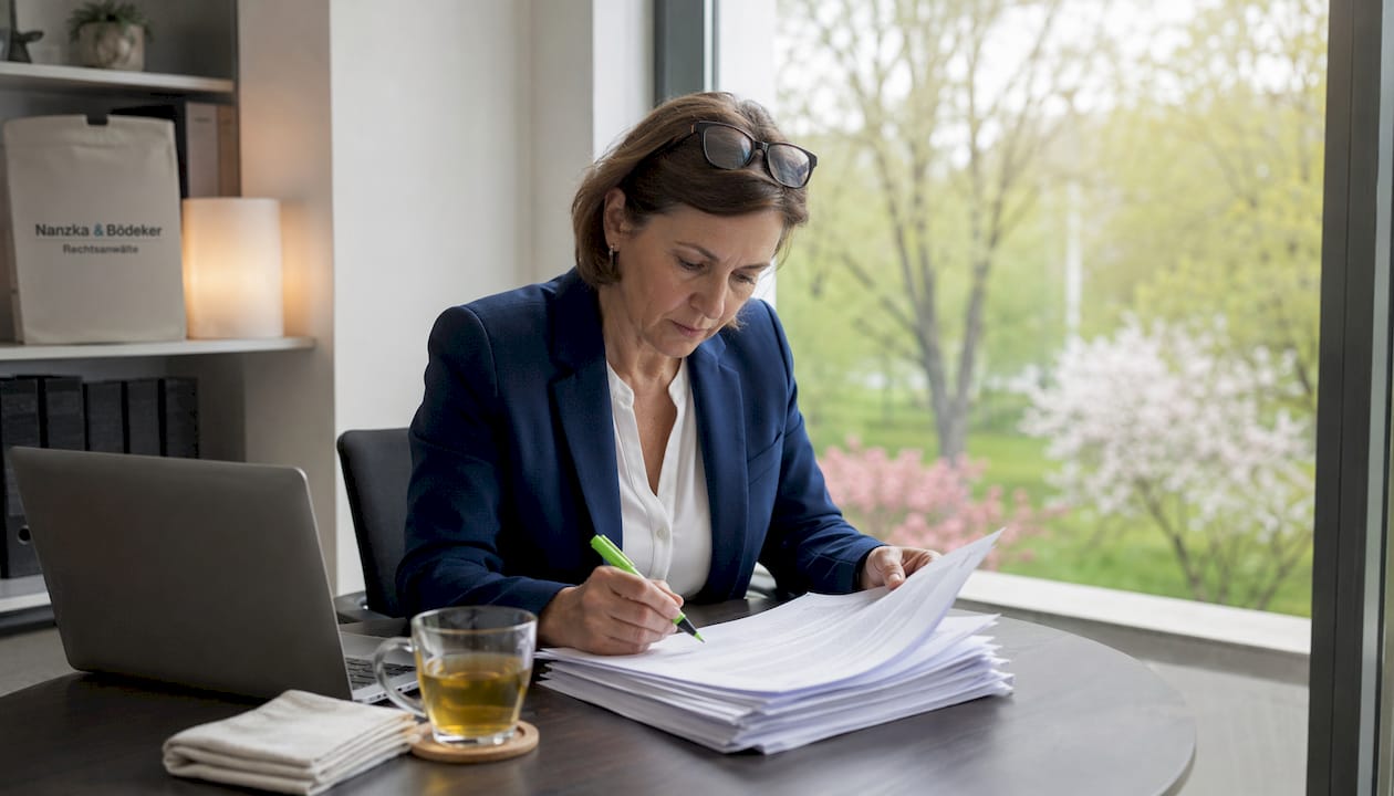 Eine Frau sitzt am Schreibtisch und nimmt einen Aufhebungsvertrag genau unter die Lupe.