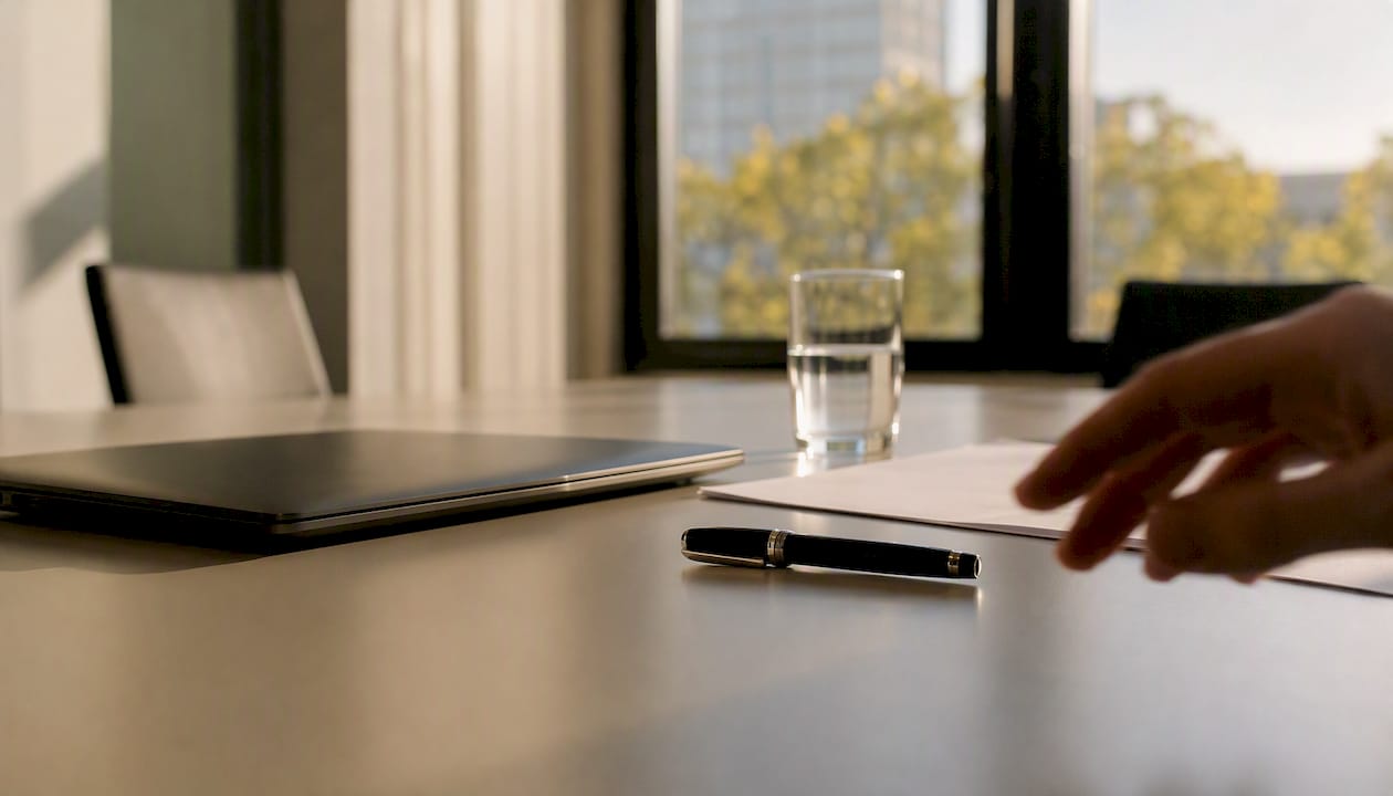 Ein Schreibtisch, auf dem ein Stift und ein zugeklappter Laptop liegen.