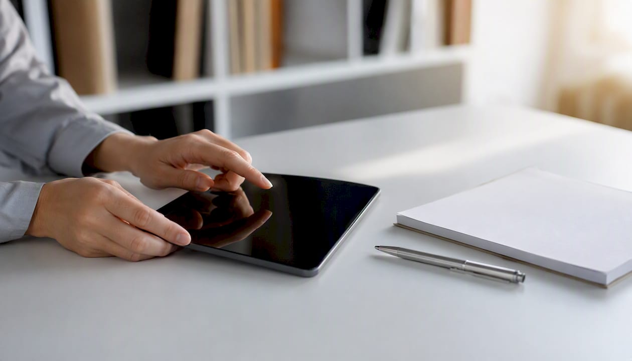 Zwei Hände halten ein Tablet, daneben liegen leere Karten und ein Stift bereit.