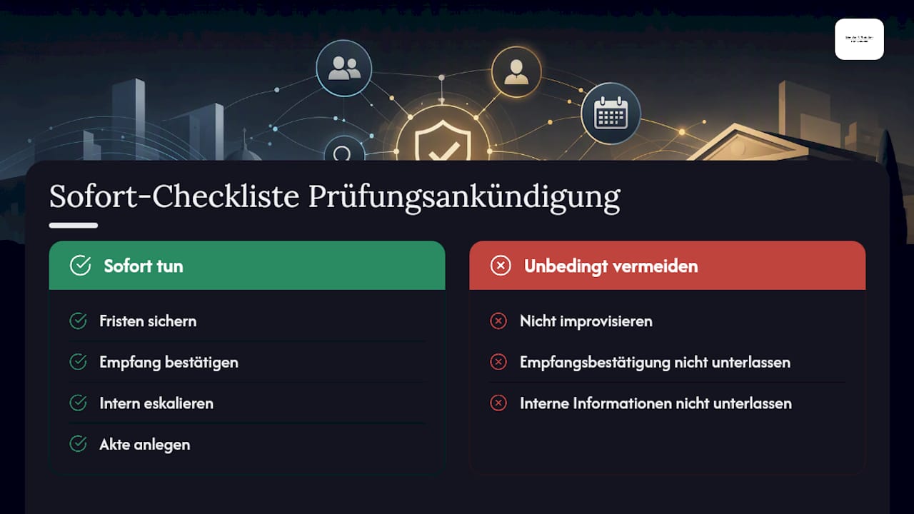 Sofort-Checkliste beim Eingang einer Prüfungsankündigung — overview diagram