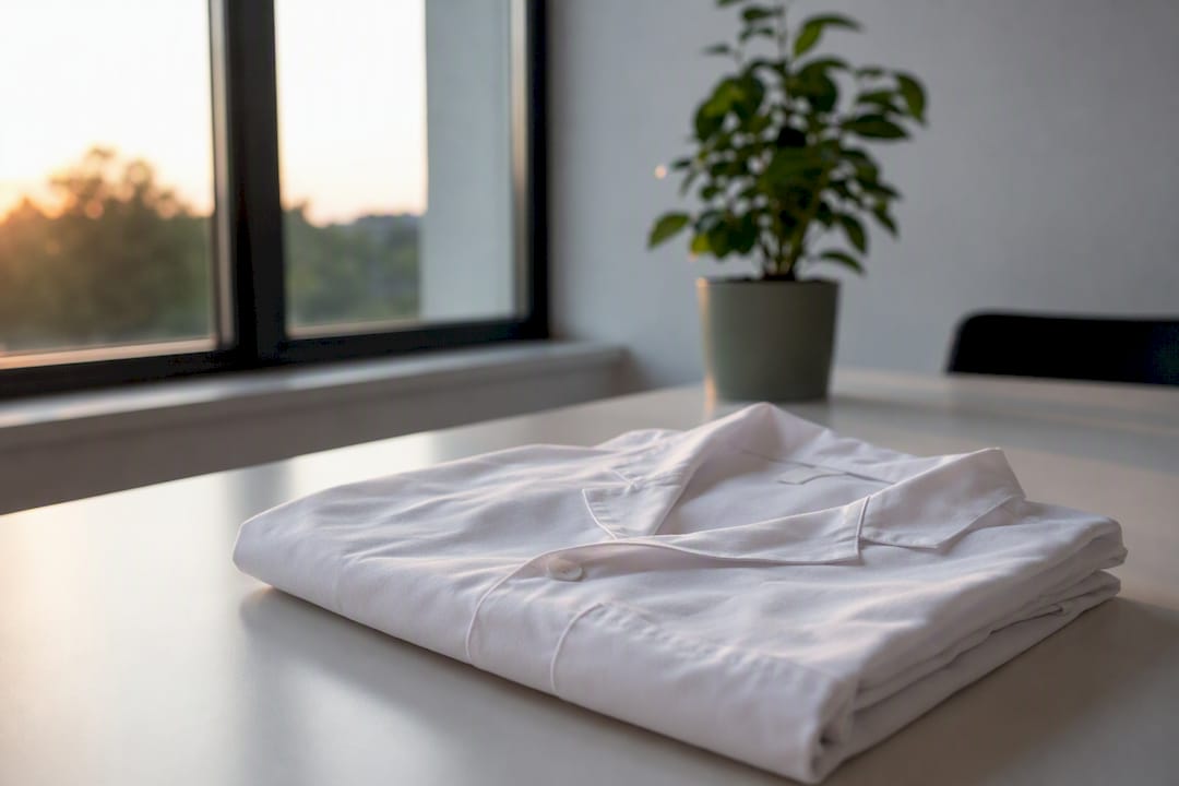 Gefaltete Pflegeuniform mit Stethoskop auf dem Tisch