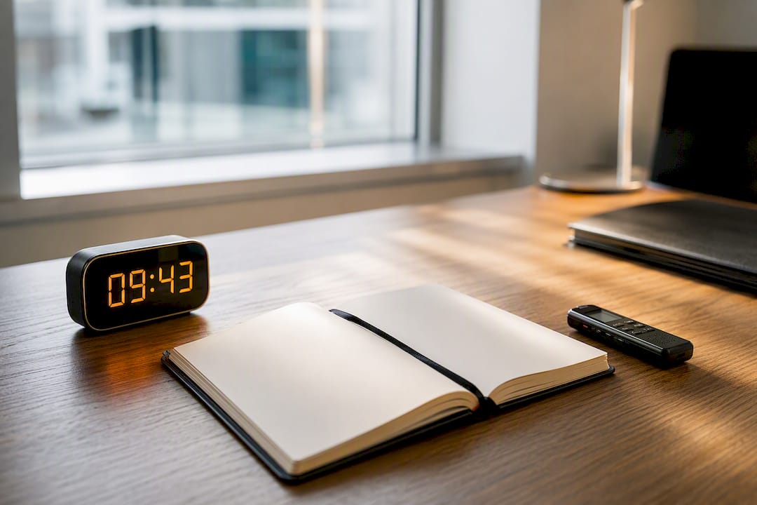 Einsatzprotokoll und Uhr auf dem Schreibtisch im Büro